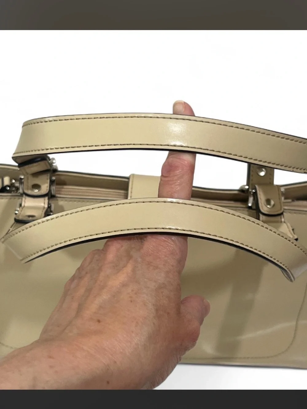 Guess Beige Patent Leather Satchel with Silver Hardware